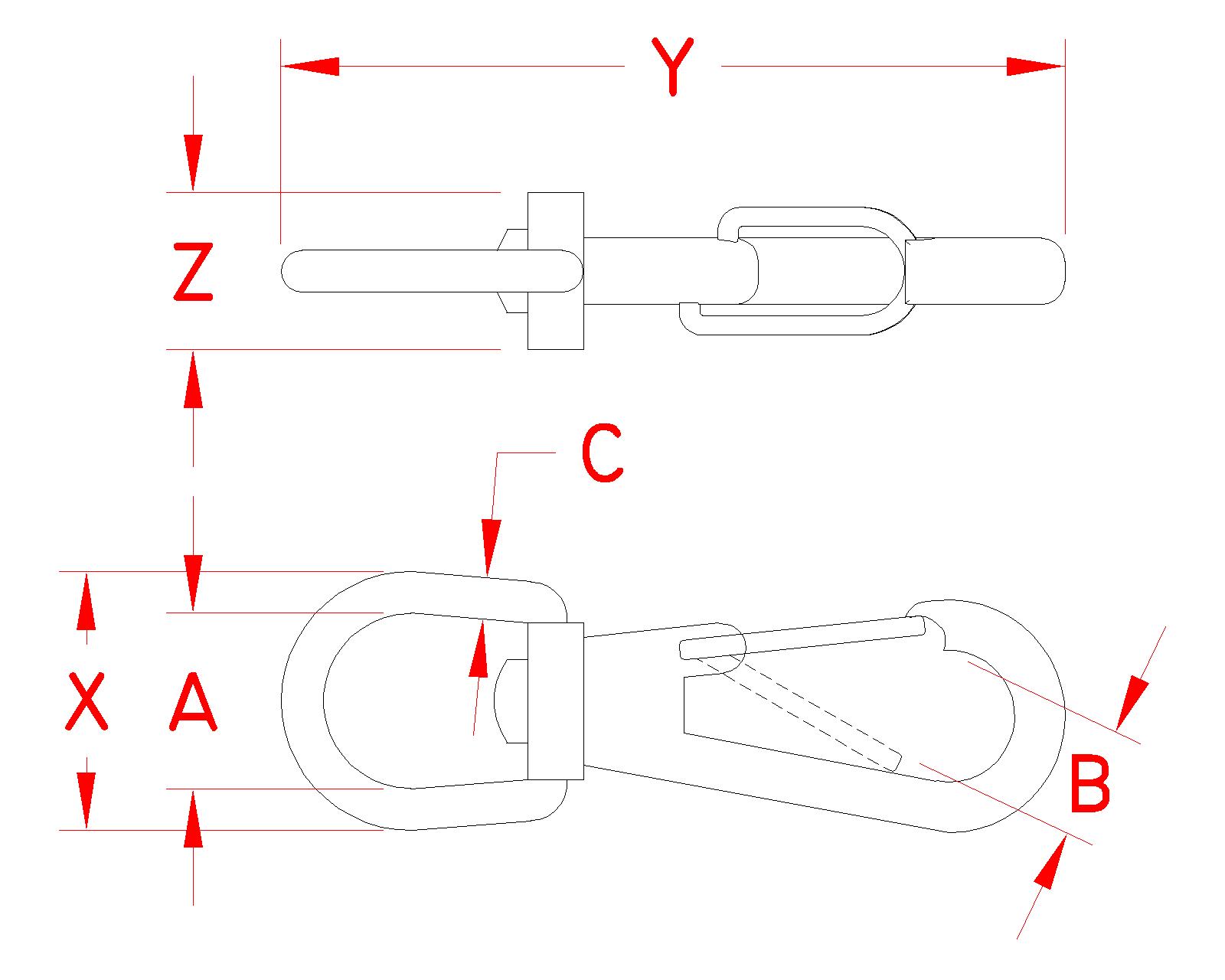 Stainless Steel Wire Lever Swivel Eye Snap, S0166-0003, Line Drawing